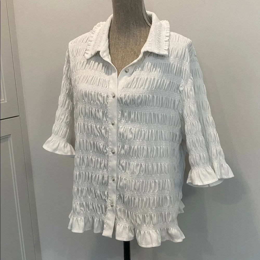 MAEVE Anthropologie Smocked Button Front Top Ivory Natural Cottagecore Chic 2X - Picture 12 of 16